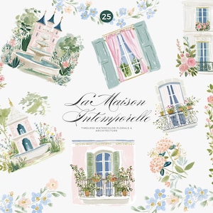 May include: A collection of watercolour illustrations depicting French architecture, including buildings, windows, and fountains, adorned with floral details. The image showcases various architectural styles in soft pastel hues, with the text "La Maison Intemporelle".