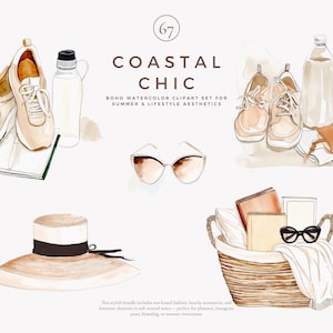 May include: A watercolor illustration set of summer and lifestyle items in a boho chic style. The set includes a pair of sneakers, a water bottle, a pair of sunglasses, a hat, a basket with books and a towel, and a pair of sandals.
