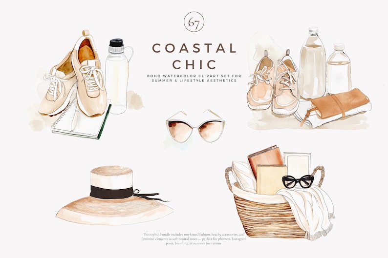 May include: A watercolor illustration set of summer and lifestyle items in a boho chic style. The set includes a pair of sneakers, a water bottle, a pair of sunglasses, a hat, a basket with books and a towel, and a pair of sandals.