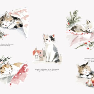 watercolor christmas kitten clipart set, cozy holiday cats, festive winter kittens, cute watercolor pet illustrations for cards & crafts image 4