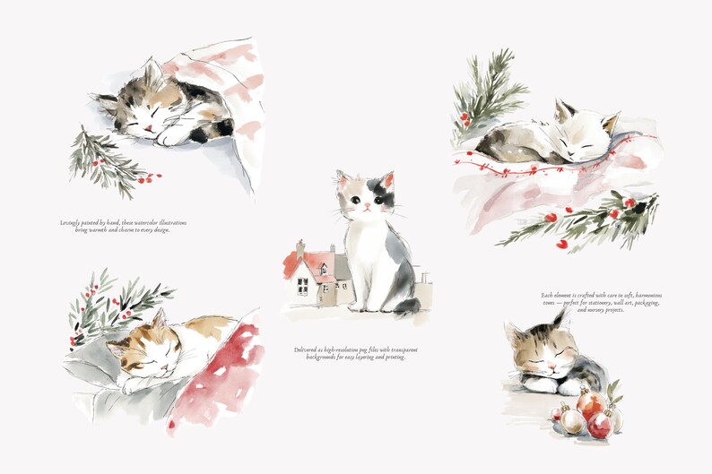 watercolor christmas kitten clipart set, cozy holiday cats, festive winter kittens, cute watercolor pet illustrations for cards & crafts image 4