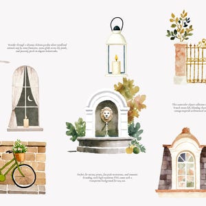 May include: Watercolor illustrations of French-inspired elements, including a candlelit lantern, a fountain with a lion's head, a green bicycle with a basket, and a decorative gate. The images have a vintage aesthetic.