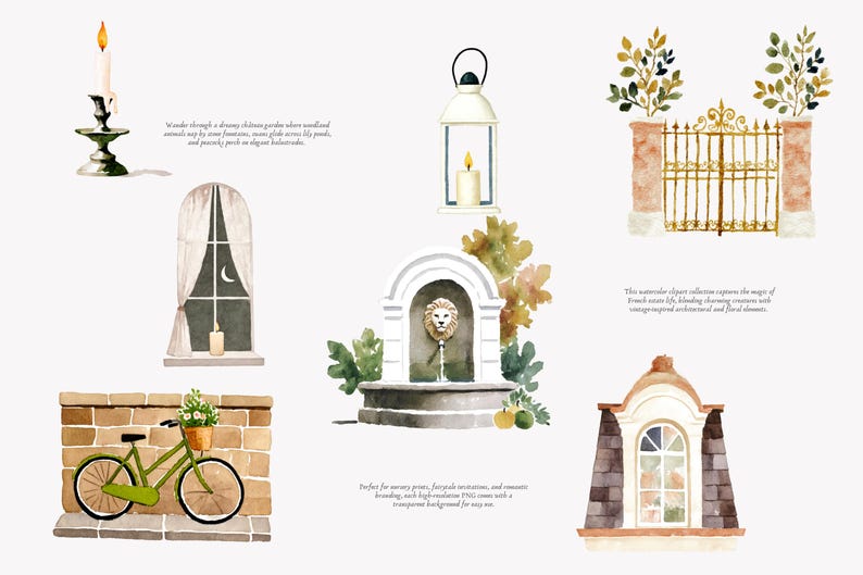 May include: Watercolor illustrations of French-inspired elements, including a candlelit lantern, a fountain with a lion's head, a green bicycle with a basket, and a decorative gate. The images have a vintage aesthetic.