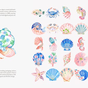 May include: Watercolor clipart featuring various sea creatures and shells in shades of blue, pink, and coral. Includes a hermit crab, starfish, seahorse, and jellyfish. The text in the image says "High-quality watercolor clipart..." and "Perfect for invitations..."