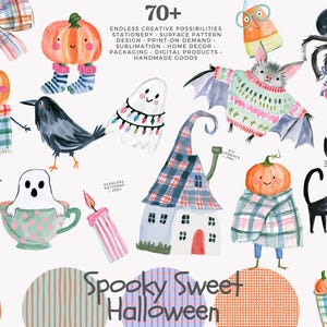 Puede incluir: Una colección digital de ilustraciones en acuarela de Halloween con calabazas, fantasmas, gatos negros, un murciélago con suéter, un cuervo, una casa, una linterna y una cesta de manzanas, con el texto 70+ ENDLESS CREATIVE POSSIBILITIES y Spooky Sweet Halloween.