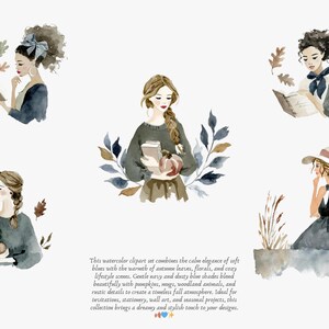 May include: Watercolor clipart featuring women in autumn scenes. The illustrations depict women reading books, holding pumpkins, and wearing stylish outfits. The color palette includes navy, dusty blue, and warm autumn tones.