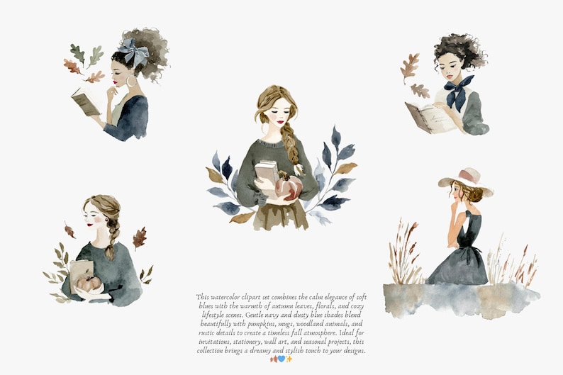 May include: Watercolor clipart featuring women in autumn scenes. The illustrations depict women reading books, holding pumpkins, and wearing stylish outfits. The color palette includes navy, dusty blue, and warm autumn tones.