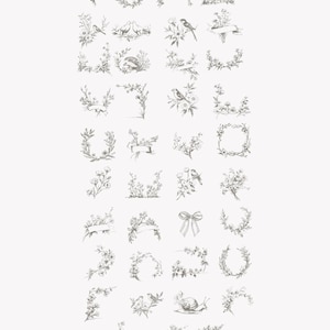 May include: A collection of black and white floral and botanical illustrations, including wreaths, corners, and sprigs. Some designs feature birds, bows, and ribbons. The text reads "Two Timeless Variations: Black Ink & Sepia Tones for Elegant Projects, Stationery & Collage Art."