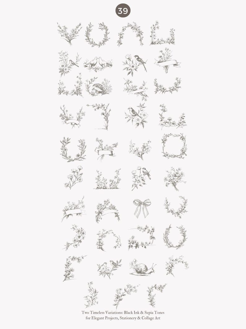 May include: A collection of black and white floral and botanical illustrations, including wreaths, corners, and sprigs. Some designs feature birds, bows, and ribbons. The text reads "Two Timeless Variations: Black Ink & Sepia Tones for Elegant Projects, Stationery & Collage Art."
