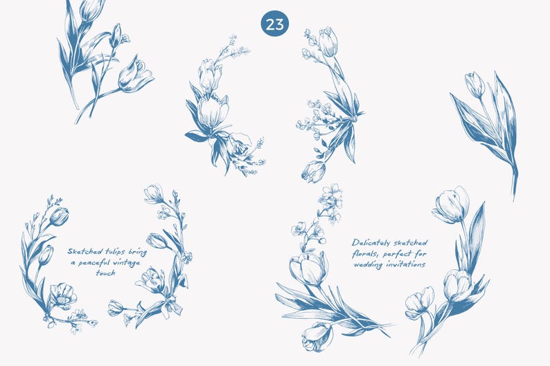 K&ouml;nnte beinhalten: Blaue Blumenskizzen mit Tulpen und anderen Blumen. Das Bild enth&auml;lt die Nummer 23 in einem Kreis und den Text "Sketched tulips bring a peaceful vintage touch" und "Delicately sketched florals, perfect for wedding invitations."