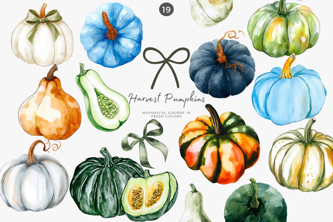 Watercolor Pumpkin Clipart Set, Autumn Harvest Gourds, Fall ...