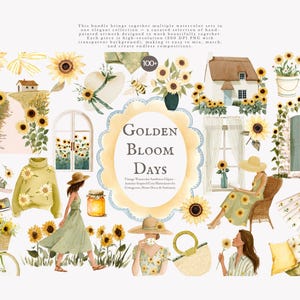 May include: Watercolor illustrations featuring sunflowers, houses, and women in dresses. The image includes a variety of elements such as a sweater, shoes, and a bicycle basket, all adorned with sunflower designs. The text reads "Golden Bloom Days."