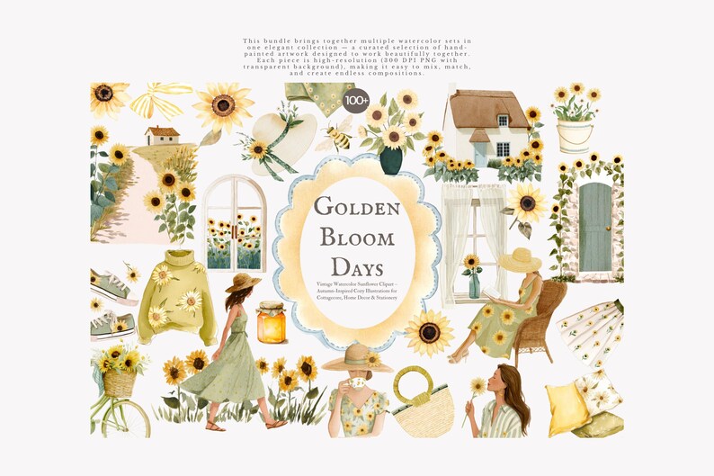 May include: Watercolor illustrations featuring sunflowers, houses, and women in dresses. The image includes a variety of elements such as a sweater, shoes, and a bicycle basket, all adorned with sunflower designs. The text reads "Golden Bloom Days."