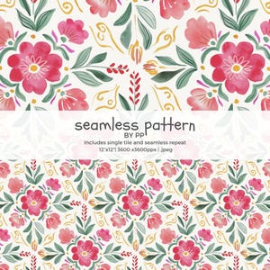 Op de afbeelding: Naadloos aquarel bloemenpatroon met roze bloemen, groene bladeren en gouden accenten op een witte achtergrond. Het ontwerp bevat de tekst "seamless pattern" en "BY PP". Het patroon is 30,48 cm x 30,48 cm en 3600x3600 pixels.