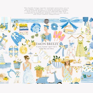 May include: Watercolor clipart set titled "Lemon Breeze" in pastel blue and yellow. The image features illustrations of dresses, accessories, food, and decorative elements. The text on the image says "Lemon Breeze" and "A Sunny Summer Clipart Set in Pastel Blue and Yellow".