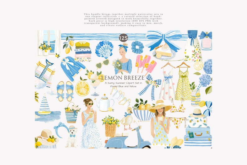 May include: Watercolor clipart set titled "Lemon Breeze" in pastel blue and yellow. The image features illustrations of dresses, accessories, food, and decorative elements. The text on the image says "Lemon Breeze" and "A Sunny Summer Clipart Set in Pastel Blue and Yellow".