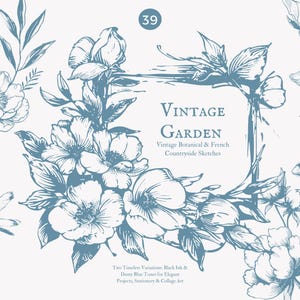 Może przedstawiać: Cyfrowa ilustracja z niebieskimi szkicami botanicznymi, w tym kwiatami, liśćmi, motylem i ważką. Projekt zawiera tekst "VINTAGE GARDEN" i inne teksty. Grafika ma motyw vintage i botaniczny.