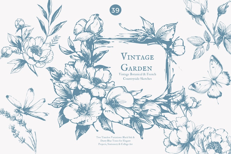 Może przedstawiać: Cyfrowa ilustracja z niebieskimi szkicami botanicznymi, w tym kwiatami, liśćmi, motylem i ważką. Projekt zawiera tekst "VINTAGE GARDEN" i inne teksty. Grafika ma motyw vintage i botaniczny.