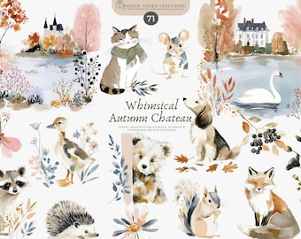 watercolor clipart, woodland animals, cottagecore clipart, nursery animals, pastel flowers, cute fox, bunny art, rustic chateau, autumn png