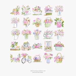 May include: Watercolor illustrations of floral arrangements in various containers, including teacups, teapots, baskets, and vases. The artwork features soft pink, purple, and green hues, with a whimsical and delicate style. A bicycle with a basket of flowers is also depicted.