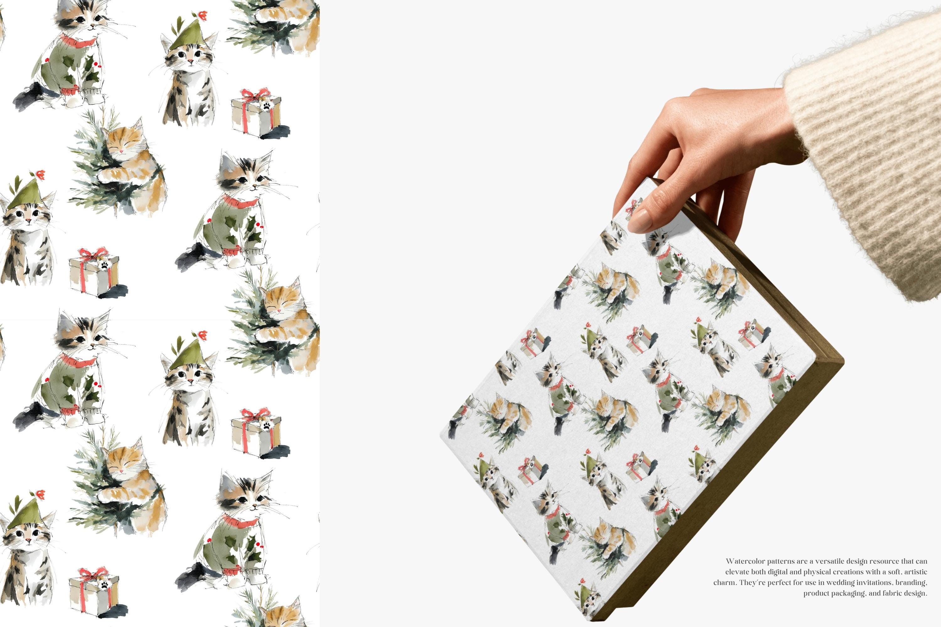 Watercolor Christmas Cat Seamless Patterns, Festive Kitten Wrapping ...