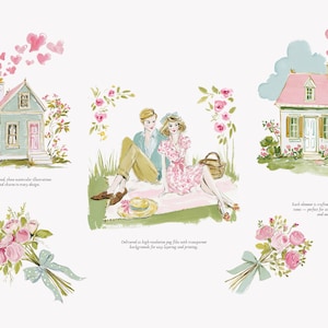 May include: Watercolor illustrations featuring a couple on a picnic, houses, and bouquets of roses. The image has a soft, romantic feel with pastel colors and heart-shaped smoke rising from the chimneys of the houses. Text is included.