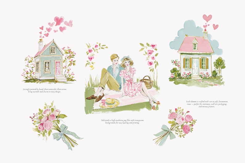 May include: Watercolor illustrations featuring a couple on a picnic, houses, and bouquets of roses. The image has a soft, romantic feel with pastel colors and heart-shaped smoke rising from the chimneys of the houses. Text is included.