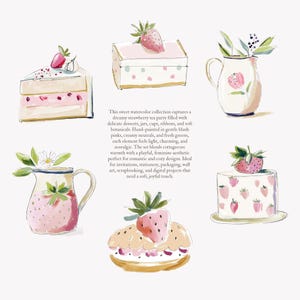 Puede incluir: Ilustraciones en acuarela de postres y piezas para servir con tem&aacute;tica de fresas. Incluye una porci&oacute;n de pastel, una caja con una fresa encima, una jarra y un pastel con dise&ntilde;os de fresas. El texto describe la colecci&oacute;n.
