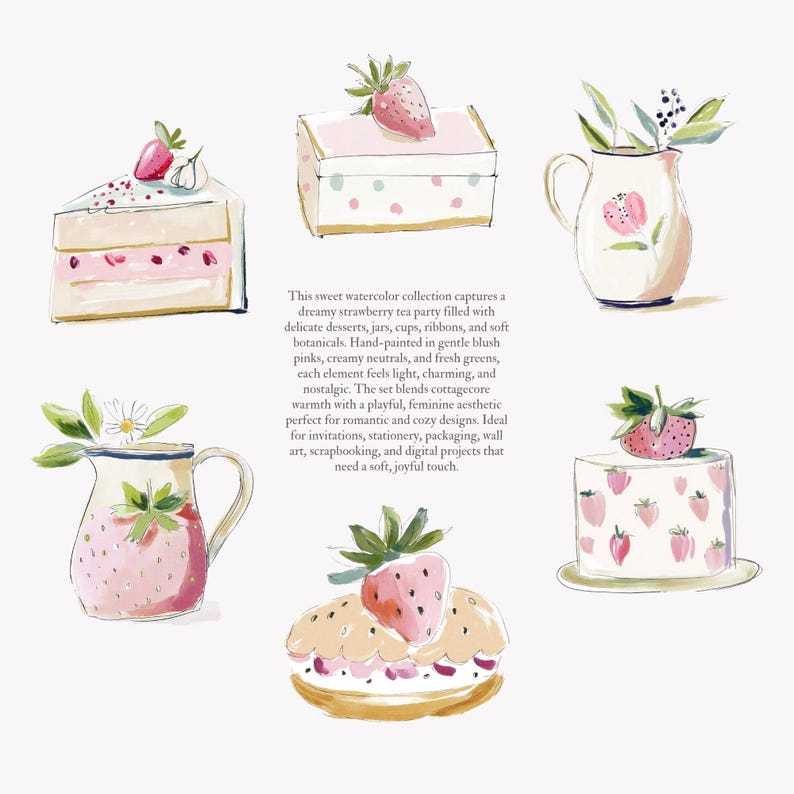 Puede incluir: Ilustraciones en acuarela de postres y piezas para servir con tem&aacute;tica de fresas. Incluye una porci&oacute;n de pastel, una caja con una fresa encima, una jarra y un pastel con dise&ntilde;os de fresas. El texto describe la colecci&oacute;n.