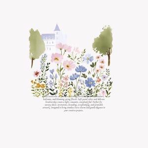 May include: Watercolor illustration featuring a garden scene with pink, blue, and yellow flowers, trees, and a building. The text describes the artwork as perfect for nursery decor, invitations, and branding.