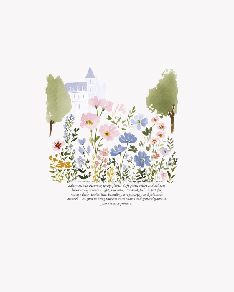 May include: Watercolor illustration featuring a garden scene with pink, blue, and yellow flowers, trees, and a building. The text describes the artwork as perfect for nursery decor, invitations, and branding.