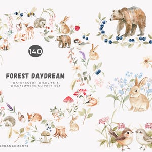 Può includere: Set di clipart ad acquerello con 140 animali della foresta e fiori selvatici. Il set include orsi, cervi, conigli, scoiattoli, uccelli, ricci, funghi e vari fiori. Le illustrazioni sono dipinte in uno stile morbido e fantasioso.