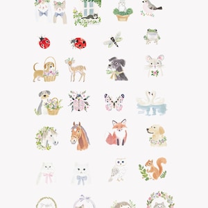以下が含まれることがあります： 様々な動物と花の要素が描かれたパステル水彩画のクリップアートのコレクション。猫、犬、ウサギ、鳥、その他の生き物が含まれています。テキストには「PASTEL WATERCOLOR CLIPART INSPIRED BY SPRING BLOOMS, VINTAGE ROMANCE, AND WHIMSICAL PETS」と書かれています。