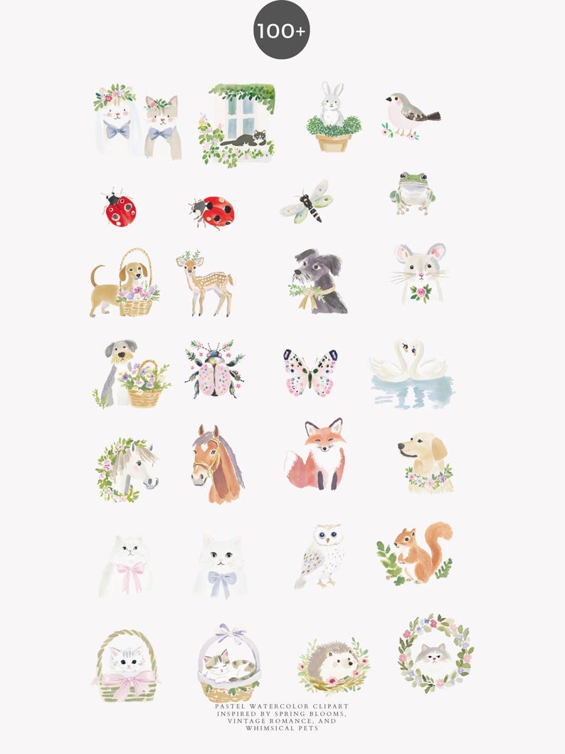 以下が含まれることがあります： 様々な動物と花の要素が描かれたパステル水彩画のクリップアートのコレクション。猫、犬、ウサギ、鳥、その他の生き物が含まれています。テキストには「PASTEL WATERCOLOR CLIPART INSPIRED BY SPRING BLOOMS, VINTAGE ROMANCE, AND WHIMSICAL PETS」と書かれています。