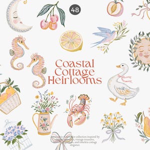 Könnte beinhalten: Eine Sammlung von Aquarellillustrationen mit einer Muschel, einer Mondsichel, Kirschen, einer Zitronenscheibe, Vögeln, Seepferdchen, einem Segelboot, einem Obstkorb, einer Gans, Blumen, einem Hummer und einem Kuchen mit dem Text Coastal Cottage Heirlooms.