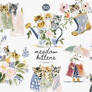 May include: Watercolor illustrations of kittens in various scenes. Kittens are depicted in a watering can, a basket, and a rain boot, surrounded by flowers. The text "meadow kittens" is also present.