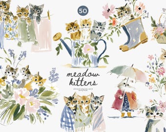 watercolor kittens clipart, kitten clipart set, whimsical cats illustration, spring floral cats, cottagecore cat art, cute cat clipart png