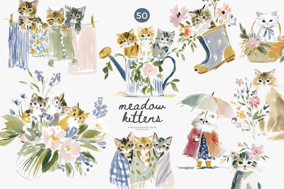watercolor kittens clipart, kitten clipart set, whimsical cats illustration, spring floral cats, cottagecore cat art, cute cat clipart png