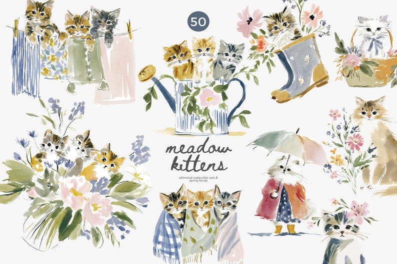 May include: Watercolor illustrations of kittens in various scenes. Kittens are depicted in a watering can, a basket, and a rain boot, surrounded by flowers. The text "meadow kittens" is also present.