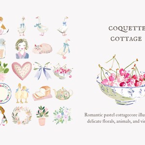 May include: Watercolor illustrations featuring a variety of cottagecore elements. Includes images of animals, flowers, food, and decorative items. The text "COQUETTE COTTAGE" is displayed above the description: "Romantic pastel cottagecore illustrations with delicate florals, animals, and vintage charm."