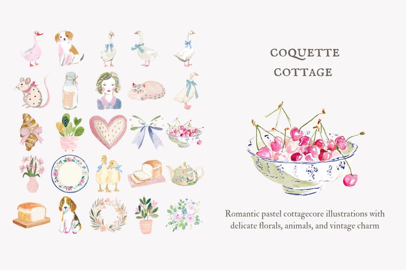 May include: Watercolor illustrations featuring a variety of cottagecore elements. Includes images of animals, flowers, food, and decorative items. The text "COQUETTE COTTAGE" is displayed above the description: "Romantic pastel cottagecore illustrations with delicate florals, animals, and vintage charm."