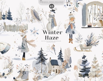 winter clipart, watercolor winter, cozy winter, winter illustrations, snowy trees, winter animals, winter wreaths, seasonal clipart, neutral