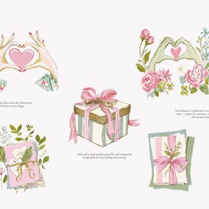 May include: Watercolor illustrations featuring hands forming a heart shape, a gift box with a pink bow, and floral arrangements. The illustrations are in soft pastel colors, with text that reads "Loving painted by hand, these watercolor illustrations bring warmth and charm to easy design."