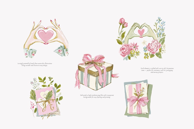 May include: Watercolor illustrations featuring hands forming a heart shape, a gift box with a pink bow, and floral arrangements. The illustrations are in soft pastel colors, with text that reads "Loving painted by hand, these watercolor illustrations bring warmth and charm to easy design."