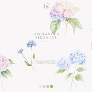 Colección de imágenes prediseñadas de estilo chinoiserie preppy en acuarela rosa: hortensia azul, flores vintage, hortensia rosa, marco azul preppy, flor de boda. imagen 3