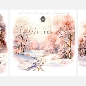 May include: Three watercolour paintings depicting winter landscapes. The first painting shows a snowy forest with a person walking in the distance. The second painting shows a snowy path through a forest with trees covered in snow. The third painting shows a snowy river with trees on the banks.