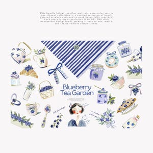 May include: Watercolor illustrations of blueberry-themed items, including a teapot, teacup, pastries, and a jar of jam. The phrase "Blueberry Tea Garden" is displayed with a blue and white striped background.