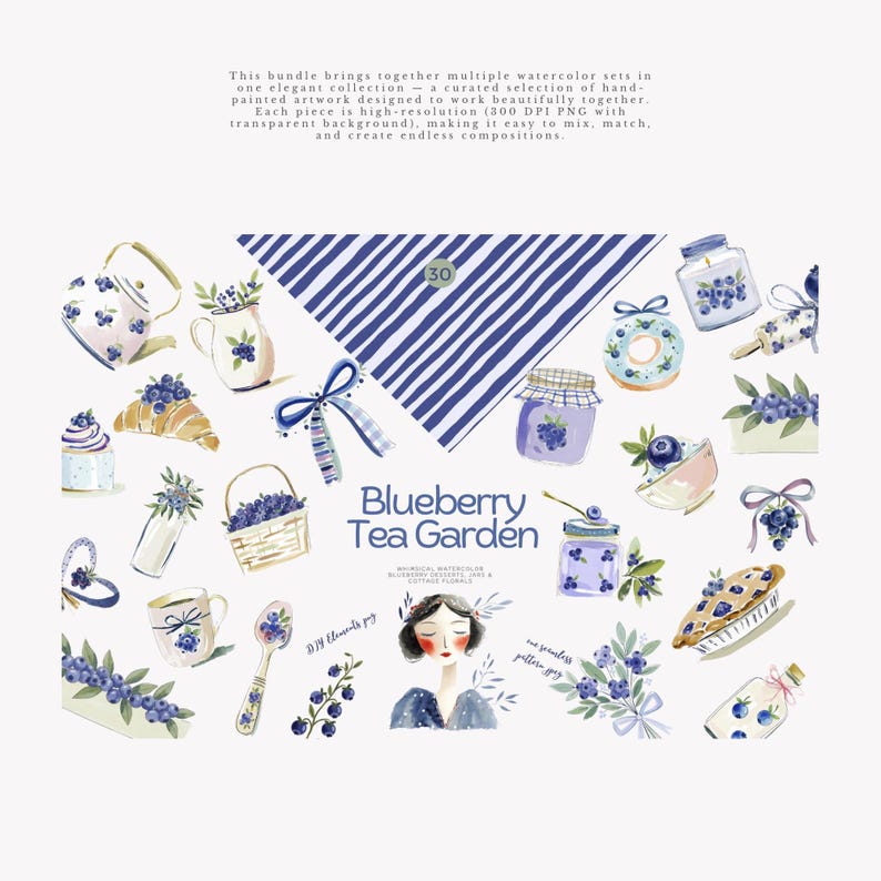 May include: Watercolor illustrations of blueberry-themed items, including a teapot, teacup, pastries, and a jar of jam. The phrase "Blueberry Tea Garden" is displayed with a blue and white striped background.
