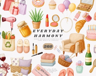 May include: Watercolor illustration featuring various everyday essentials. Includes shopping bags, a hairdryer, a shopping bag with vegetables, a jar of honey, a lipstick, a pearl necklace, a croissant, a cake, a bottle of wine, a basket with pillows, a stack of sweaters, and more.