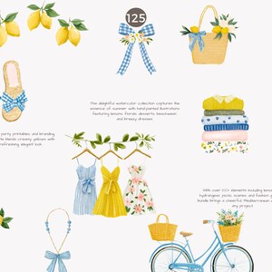 May include: Watercolor illustrations featuring summer themes. Includes lemons, dresses, a bicycle, a dog, and stacked clothing. The text reads, "The delightful watercolor collection captures the essence of summer..." and "Perfect for stationery..."